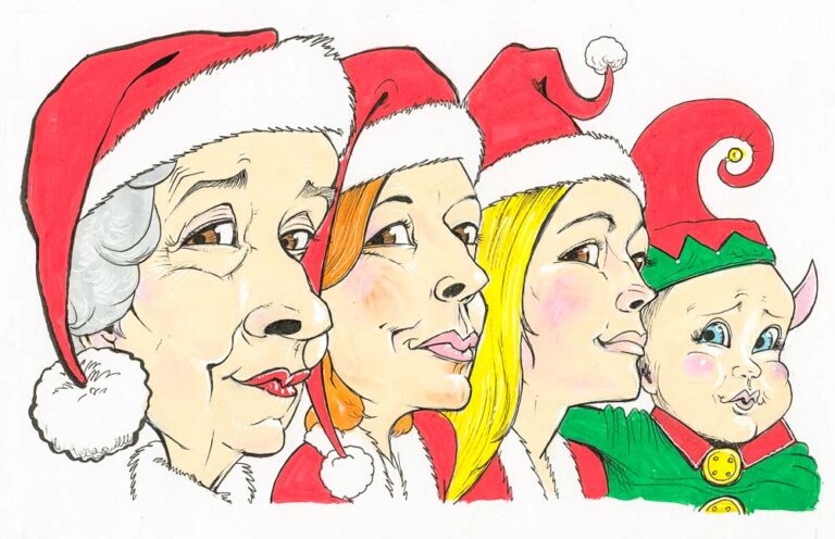 Cartoon portrait of 4 family generations with added christmas clothing including elf and santa