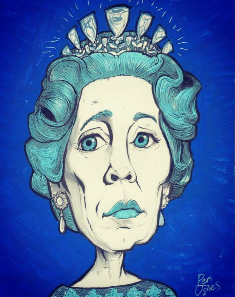 blue caricature cartoon of olivia colman as queen elizabeth II