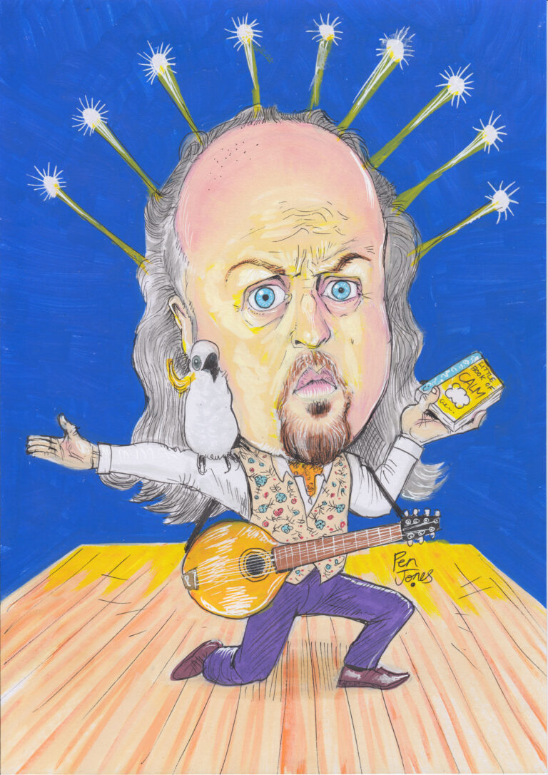 caricature of comedian bill bailey dancing, playing the mandolin and holding the book of calm while a parrot sits on his shoulder