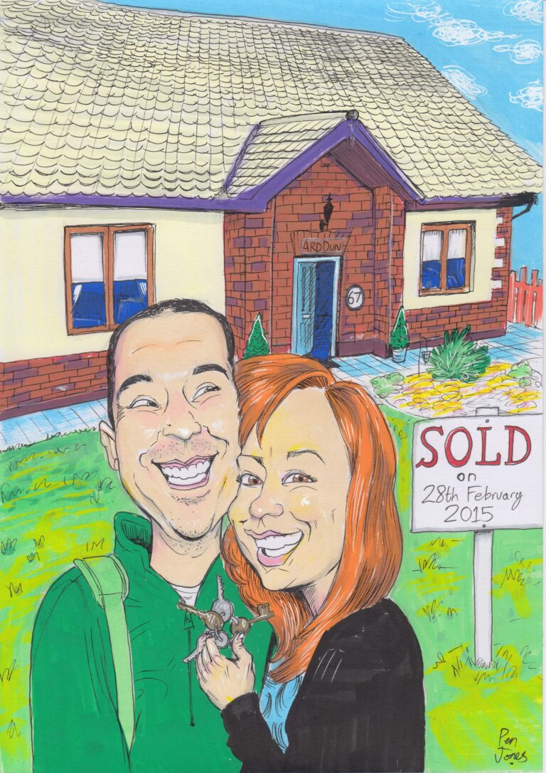 caricature portrait of a couple just after buying a house