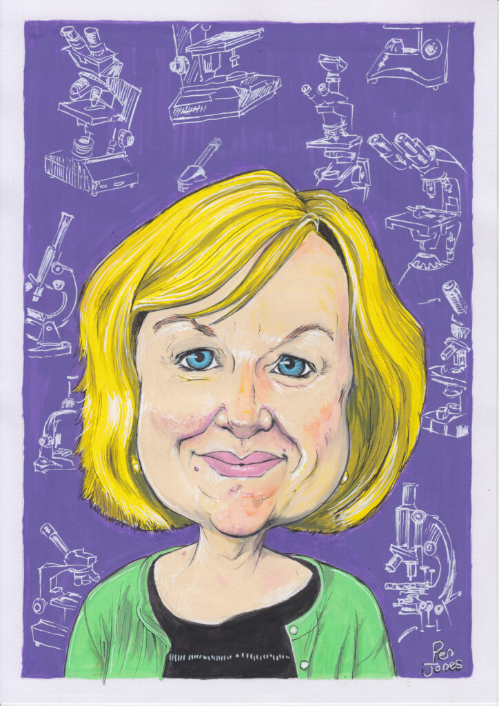 a colour caricature of a blonde woman with microscopes in the background