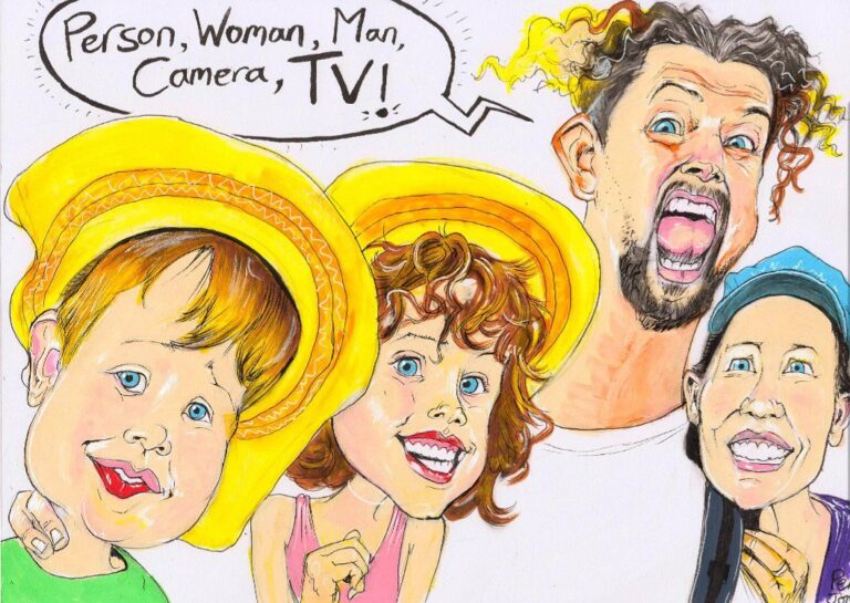 a family caricature with the dad shouting inexplicable nonsense