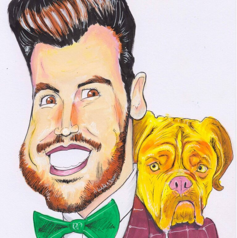 a caricature of a jolly man and his dog