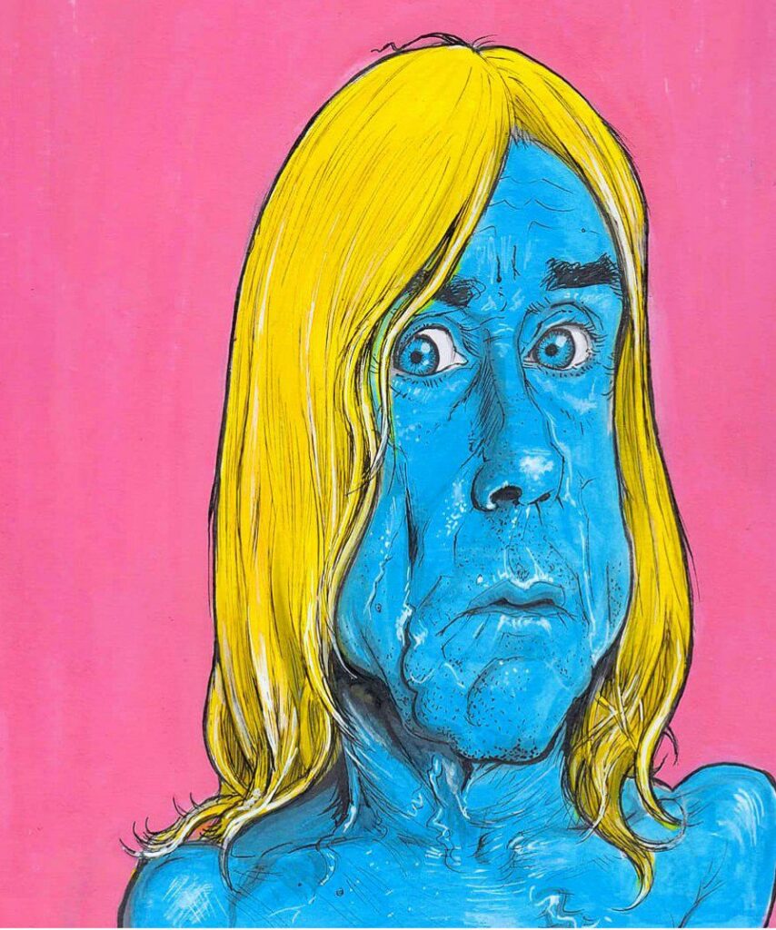 iggy pop art, a caricature print available from pen jones cartoons