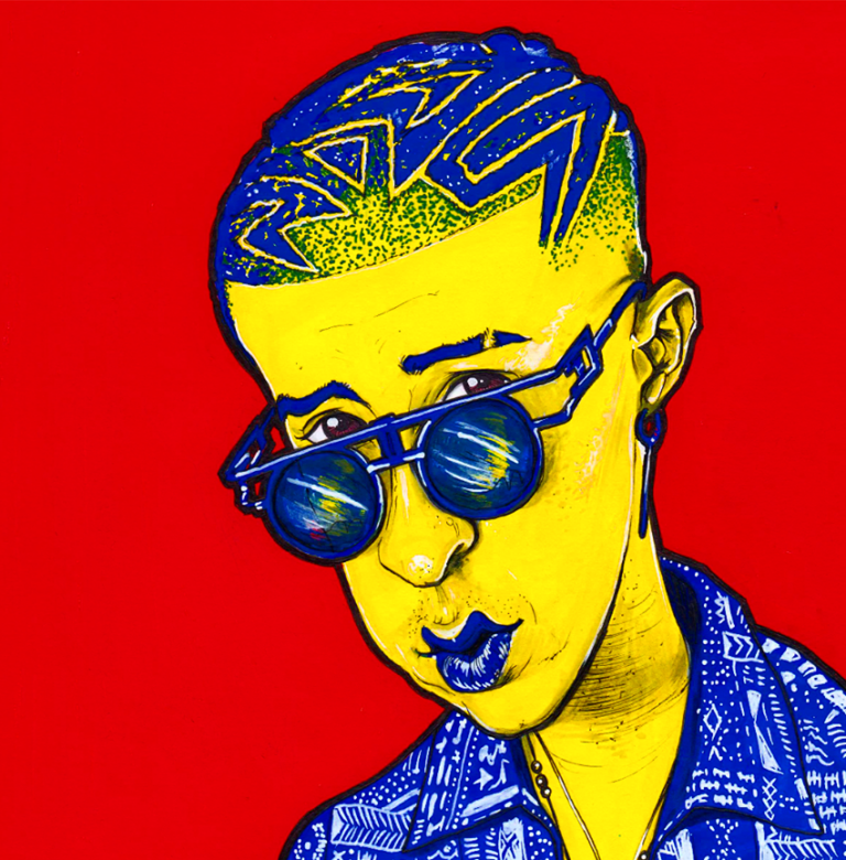 Bad Bunny caricature portrait in crazy colour by caricaturist Pen Jones