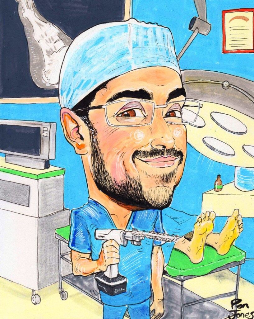 A colour caricature of a foot surgeon from a photograph