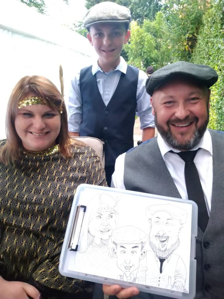 Peaky Blinder party caricature by caricaturist Pen Jones