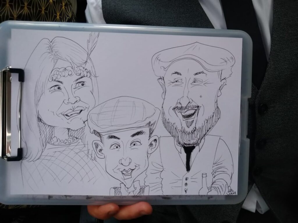 Black and white family caricature by Pen Jones Caricaturist