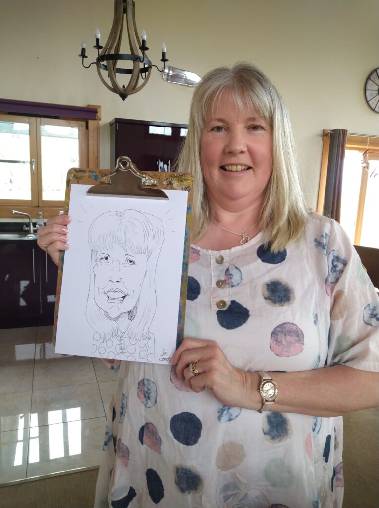 The mother of the bride caricature at a hen party by pen jones caricaturist