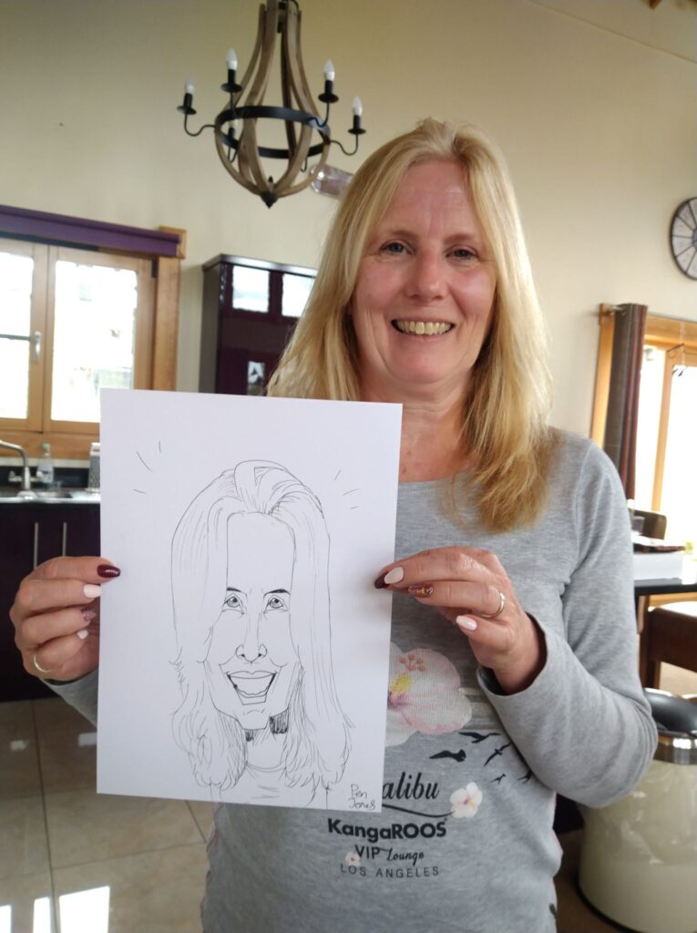 Caricature of a family member at at a Hen Party in Newport