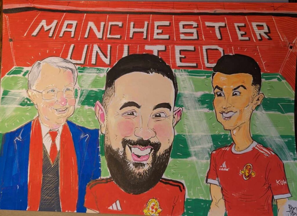 Caricature portrait of a Manchester United fan with Alex Ferguson and Ronaldo