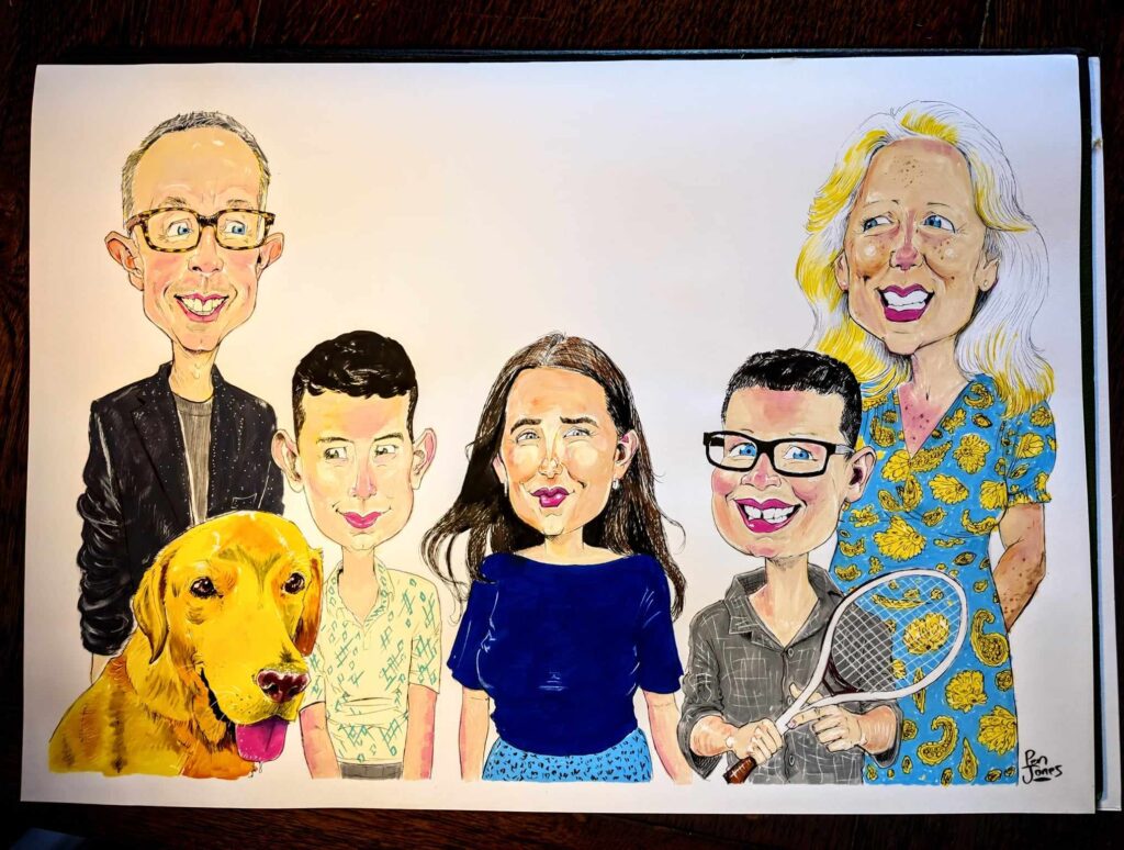 A large scale family caricature portrait with Dog