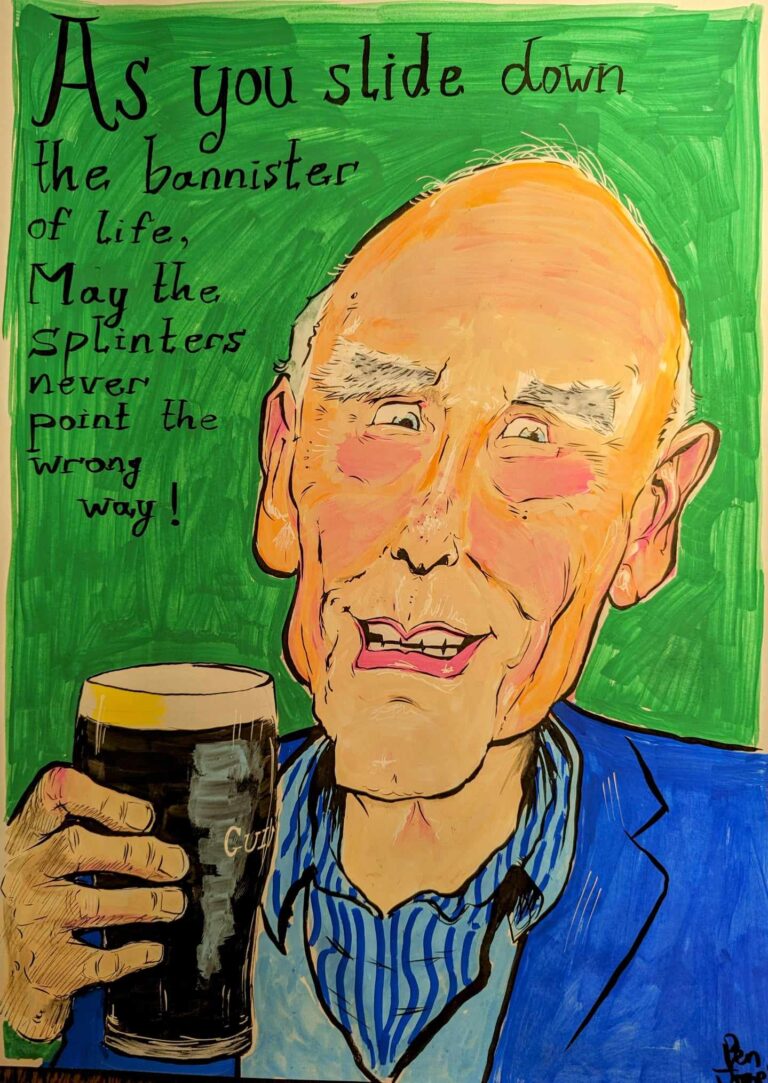 A caricature portrait for a 90th birthday with an Irish saying