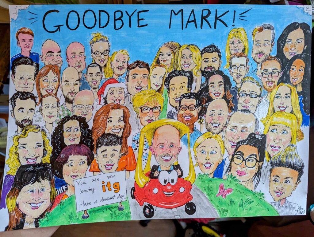 A fun goodbye caricature portrait of a whole corporate workplace 