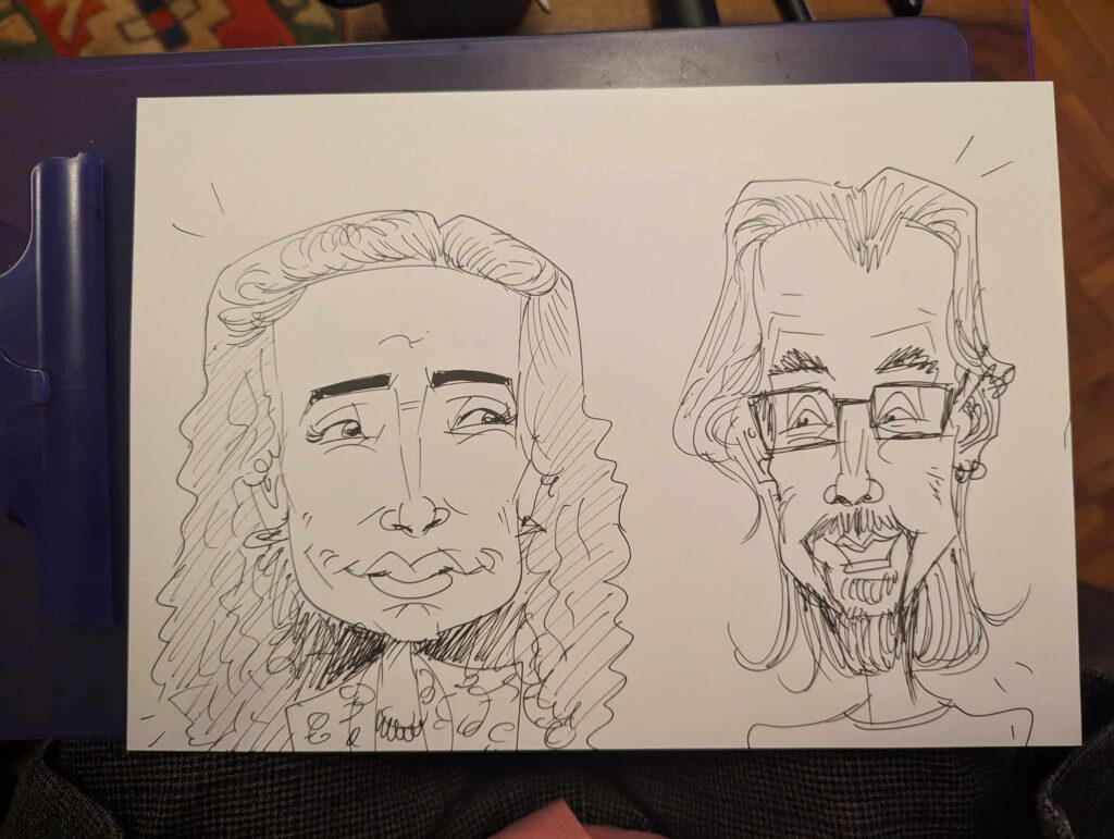 a caricature of a couple at a party in London