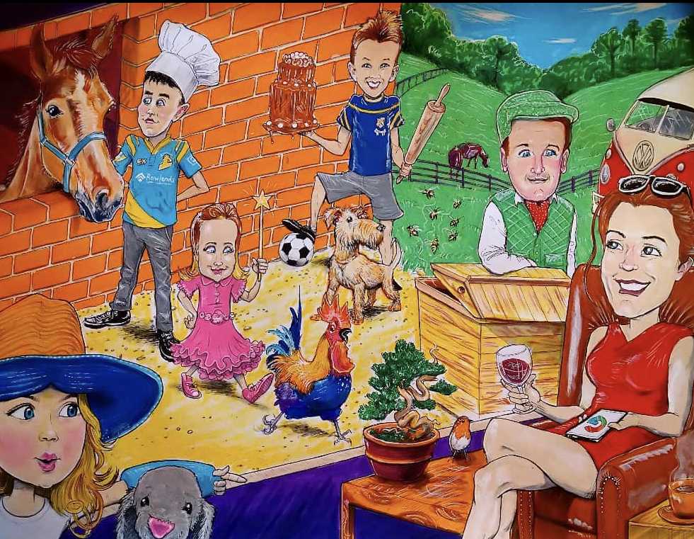 Aa family caricature with hobbies in a farmyard setting by pen jones caricaturist