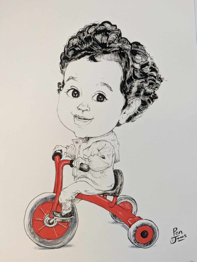 a caricature of a little girl on a red bike by pen jones caricaturist