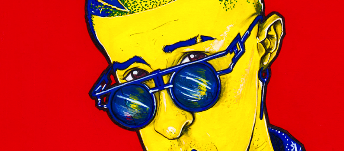 Bad Bunny caricature portrait in crazy colour by caricaturist Pen Jones