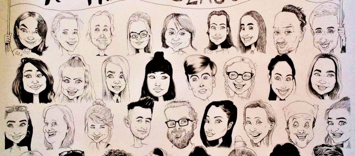 a caricature portrait of the whole staff of a cafe