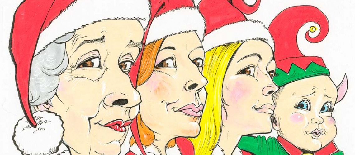 Cartoon portrait of 4 family generations with added christmas clothing including elf and santa