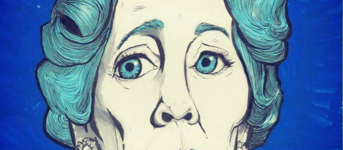 blue caricature cartoon of olivia colman as queen elizabeth II