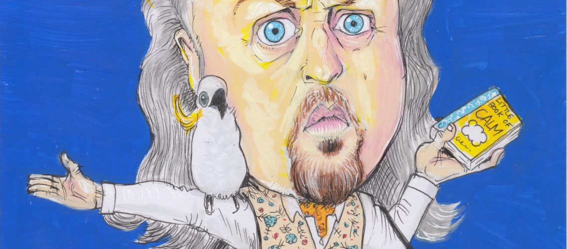 caricature of comedian bill bailey dancing, playing the mandolin and holding the book of calm while a parrot sits on his shoulder